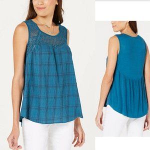 NWT Style & Co Sleeveless Blue Plaid Lace Ruffled